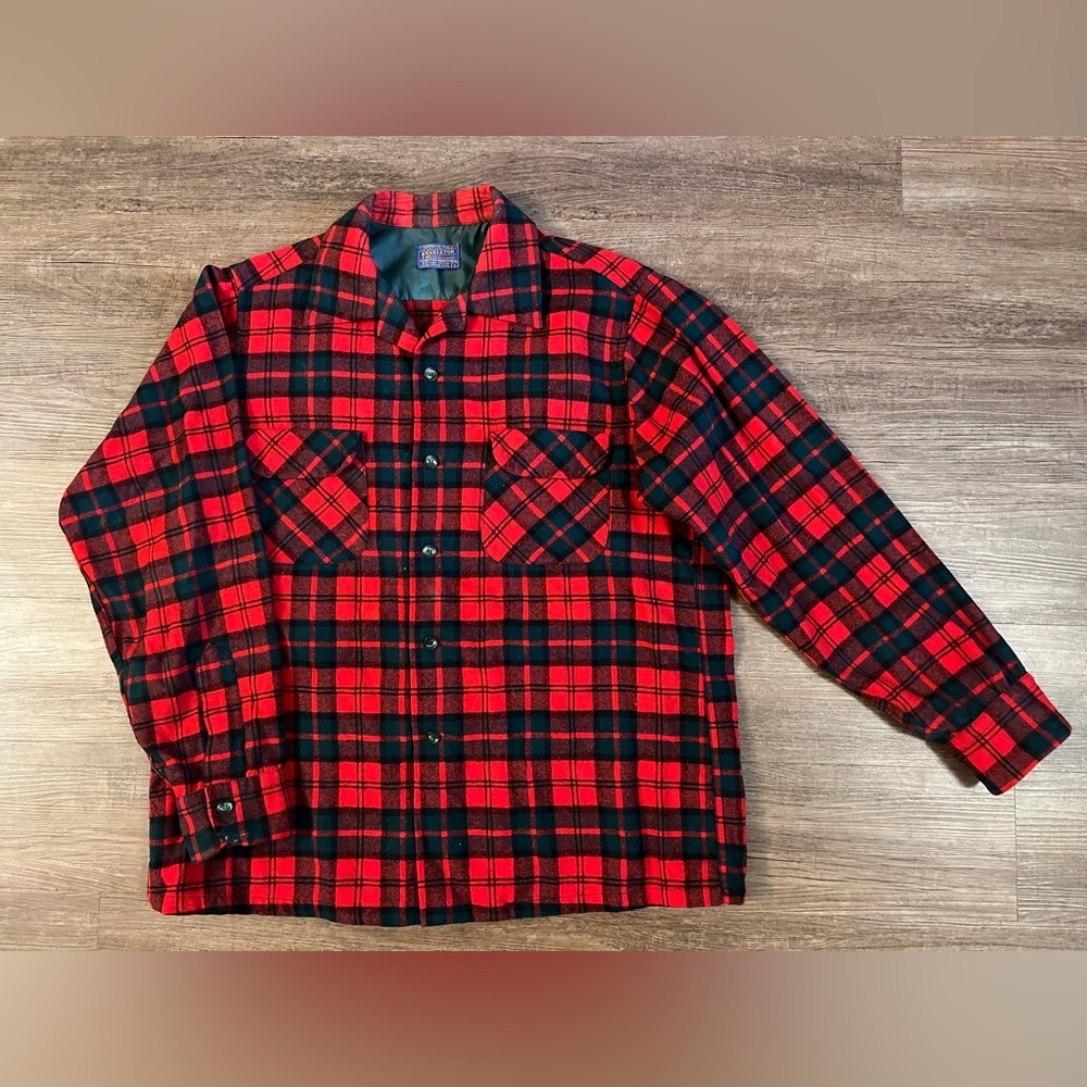 Pendleton Wool Red & Green Plaid Shirt Mens VTG 60s Long Sleeve Pocket‎ A23